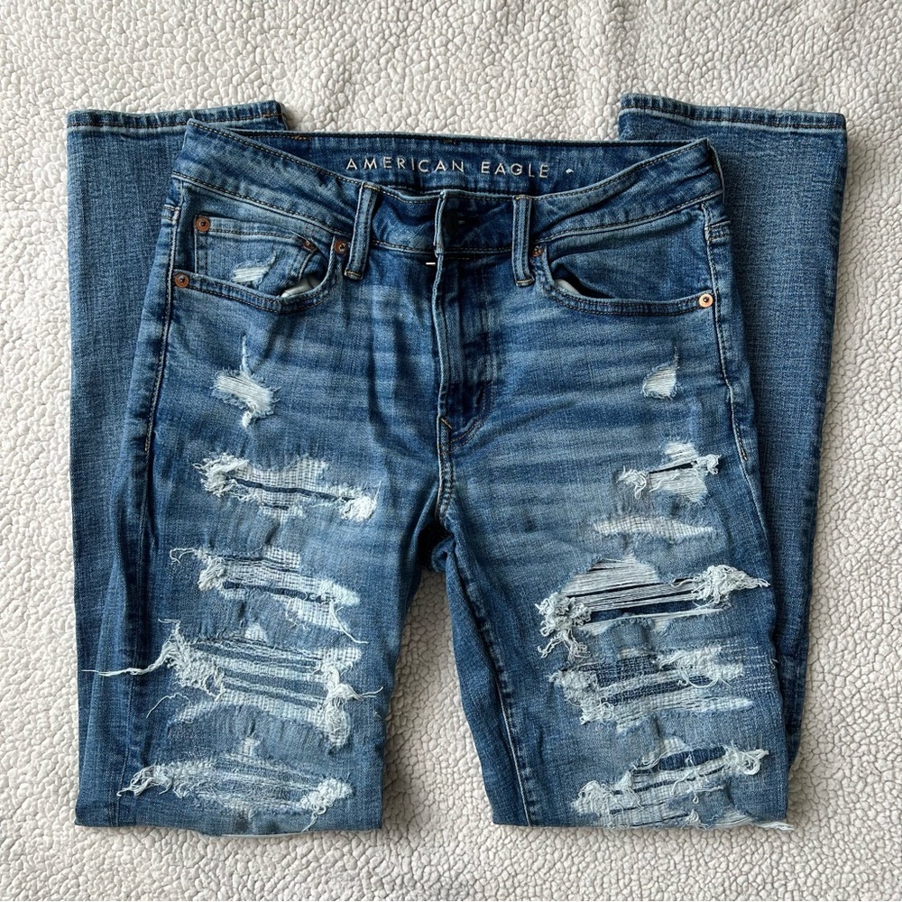 AE Men’s Airflex + Patched Slim Straight Jeans - Picture 2 of 10